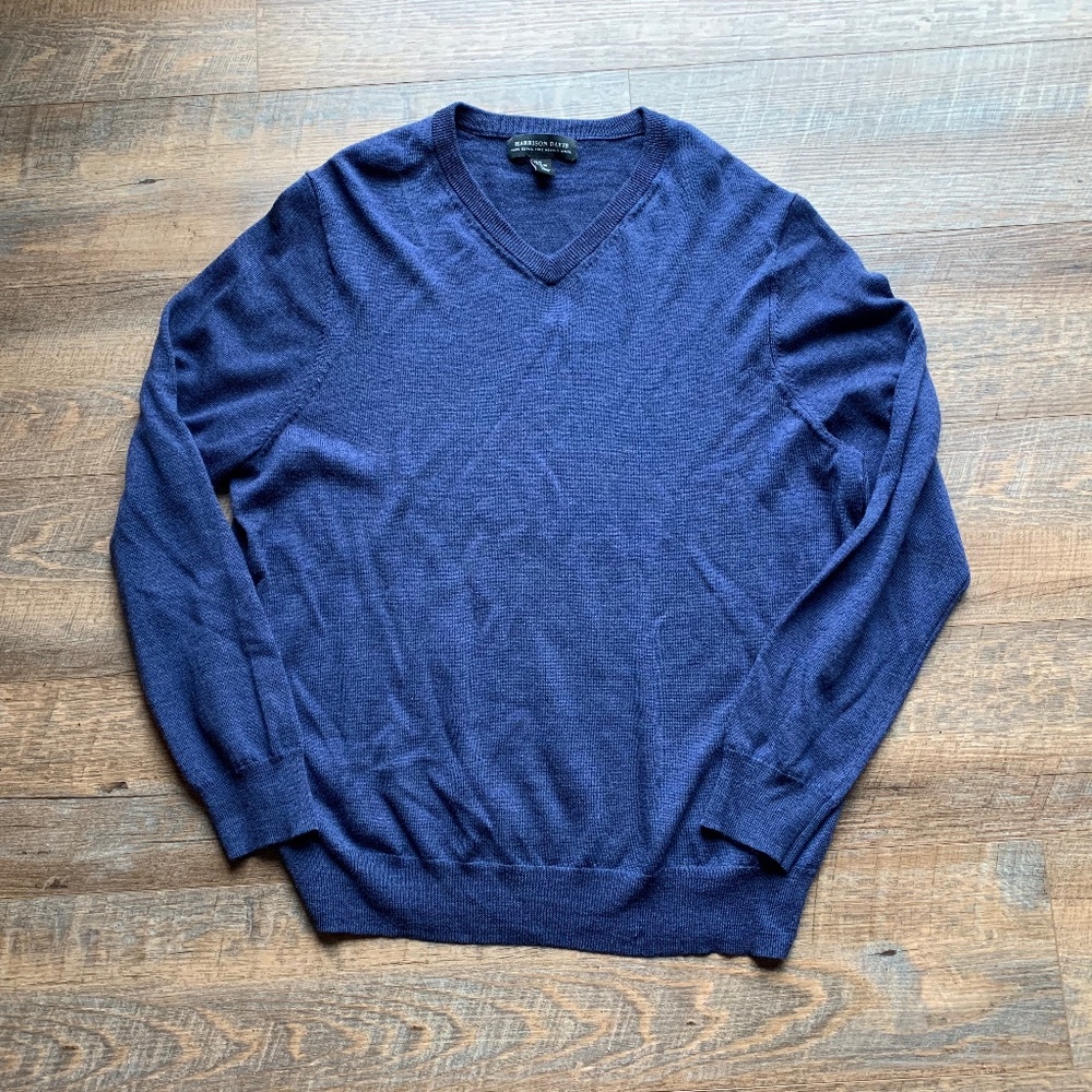 HARRISON DAVIS Mens Soft 100% Extra Fine Merino Wool V Neck Sweater XL Navy